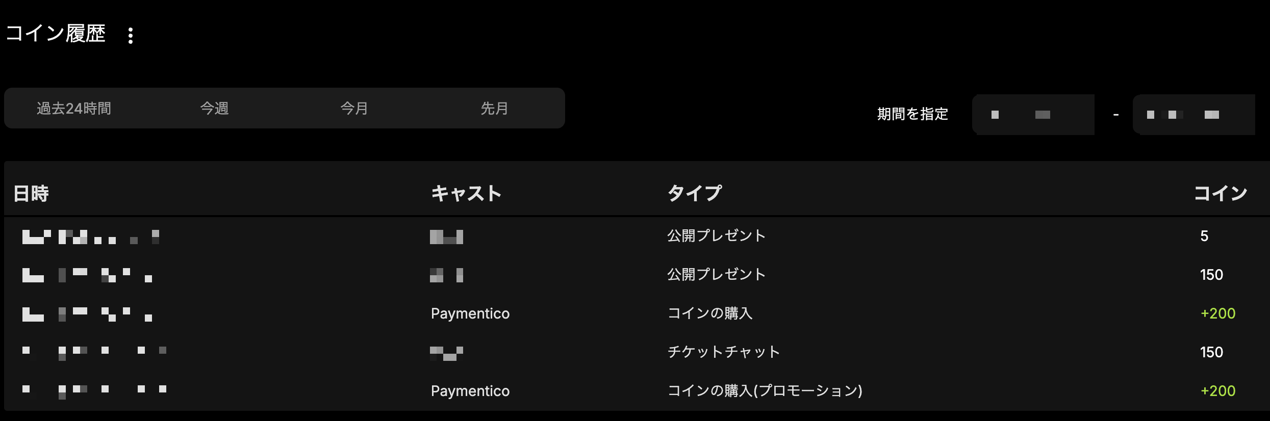 ストリップチャットのコイン履歴画面。コインの購入、公開プレゼント、チケットチャットの消費が日時付きで並ぶ