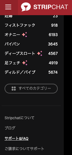 左サイドバー下部の「Stripchatについて」「ブログ」「サポート＆FAQ」「ご請求についてサポート」