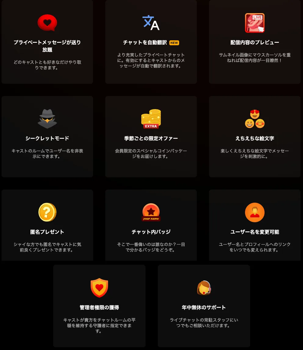 Stripchatアルティメット会員の特典一覧11項目（2026年9月・日本語表示）