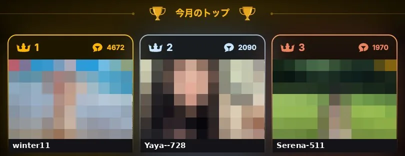 ストリップチャット公式ランキング「今月の上位キャスト」アジア&太平洋の上位3人(2026年10月3日)